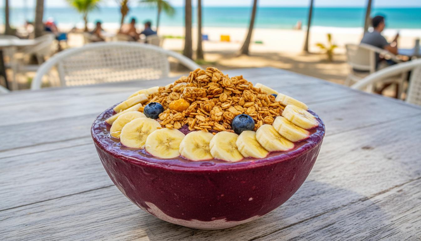 Açaí na tigela bowl with granola and banana at a Brazilian beachside café